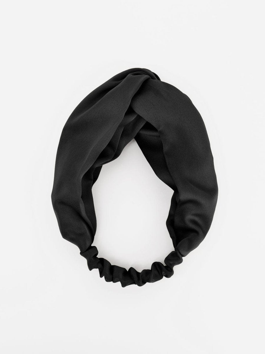 Twisted Matte Satin Crepe Headband with Elastic Band in Black - TURBRAND