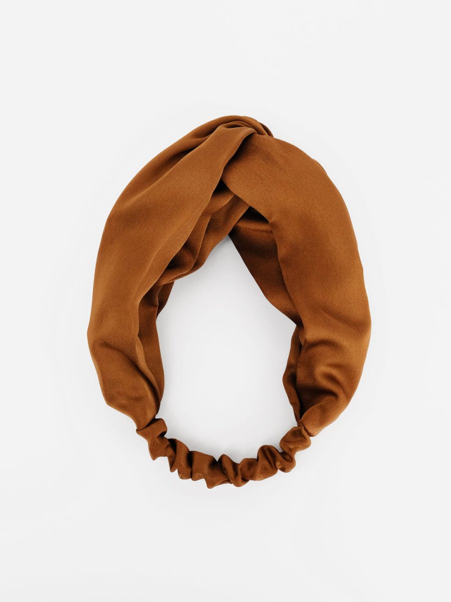 Twisted Matte Satin Crepe Headband with Elastic Band in Copper - TURBRAND