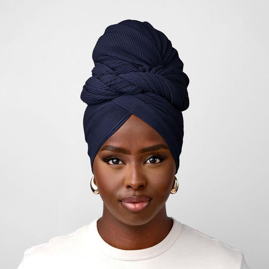 Pleated Headwrap in Navy Blue - TURBRAND