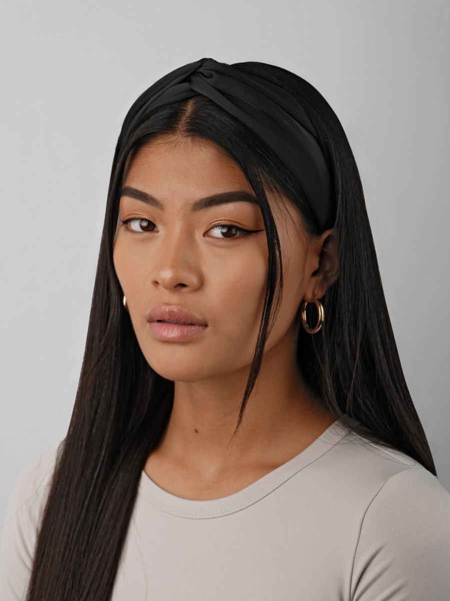 Twisted Matte Satin Crepe Headband with Elastic Band in Black - TURBRAND