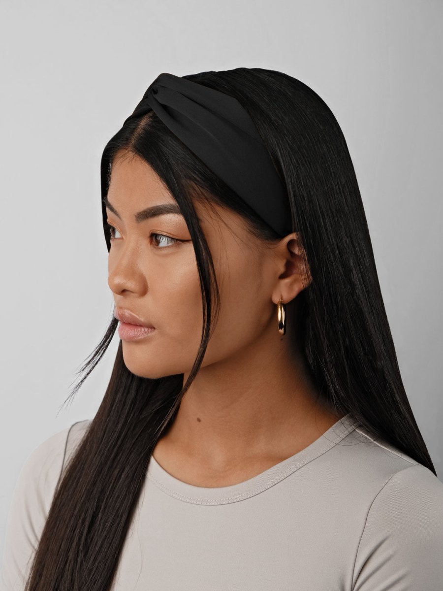 Twisted Matte Satin Crepe Headband with Elastic Band in Black - TURBRAND