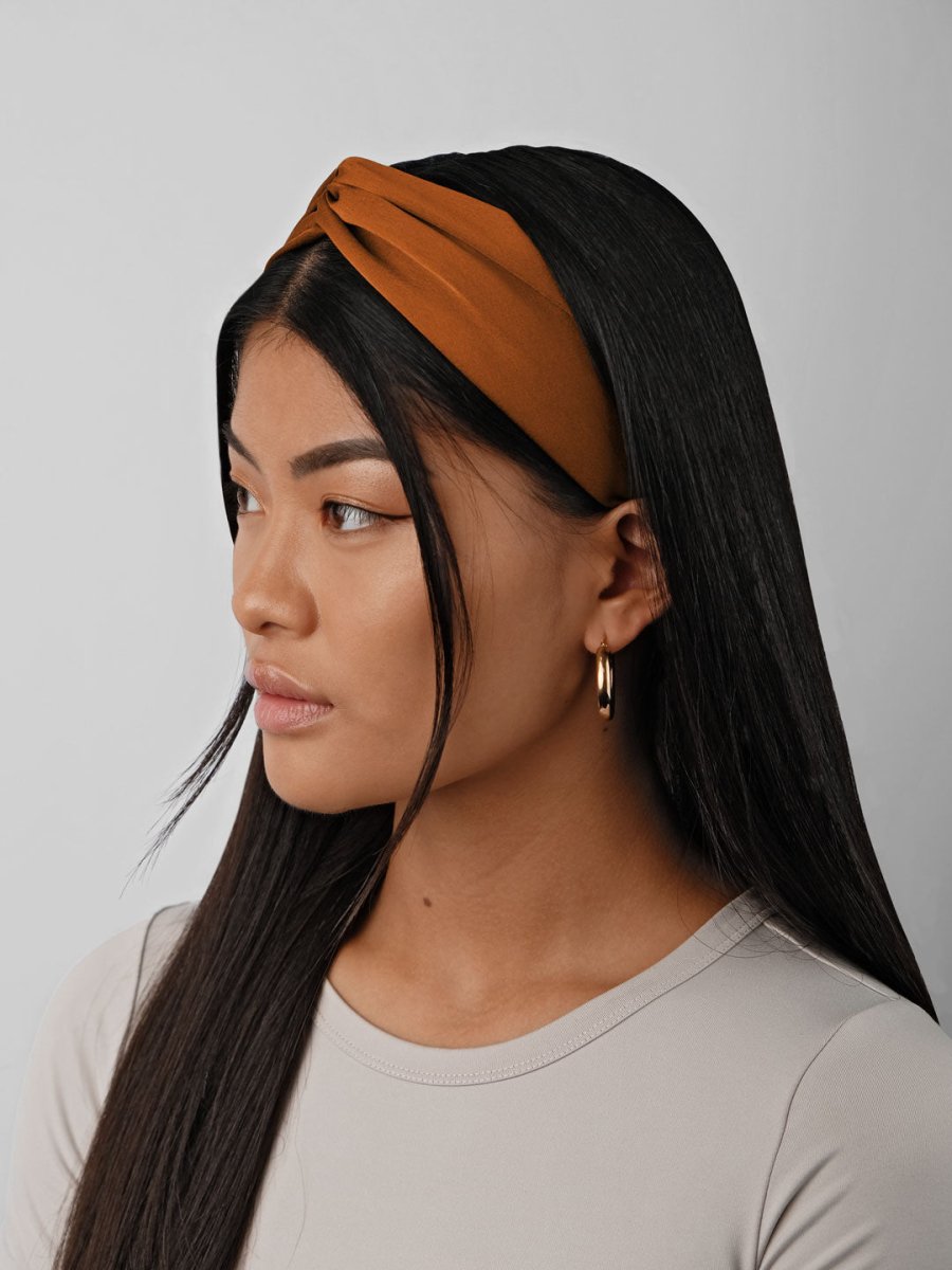 Twisted Matte Satin Crepe Headband with Elastic Band in Copper - TURBRAND