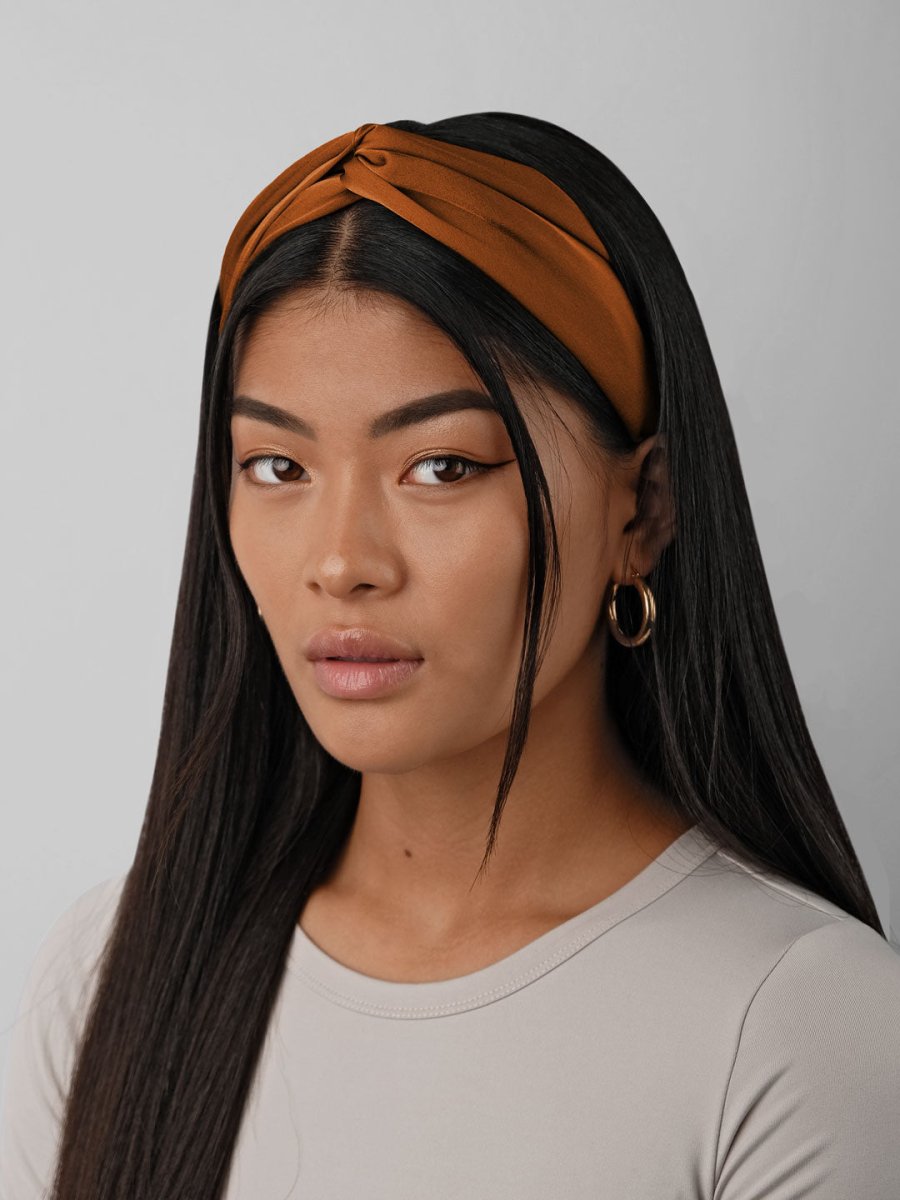 Twisted Matte Satin Crepe Headband with Elastic Band in Copper - TURBRAND